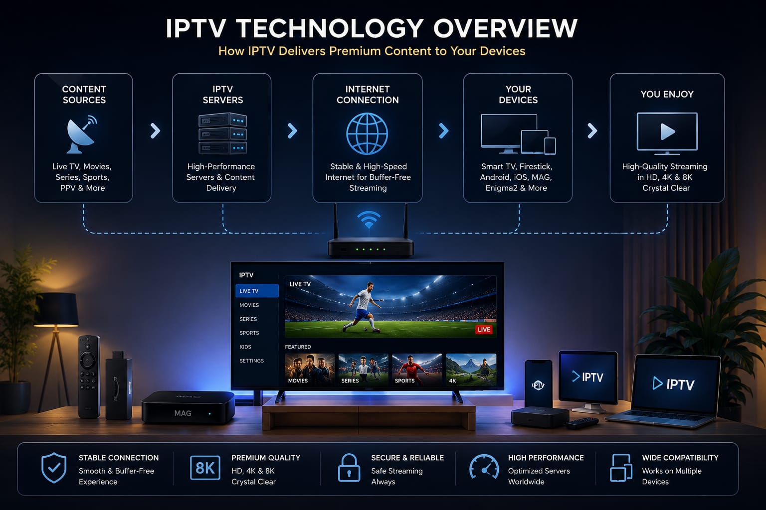 Is IPTV Legal in Germany Grafischer Platzhalter zur IPTV-Technologie mit Endgeraten und Internetverbindung