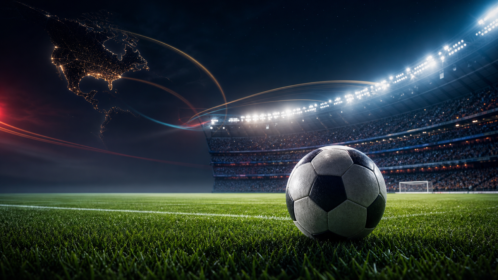 WM 2026 Stadion mit Fußball und Nordamerika-Visual für europäische Zuschauer